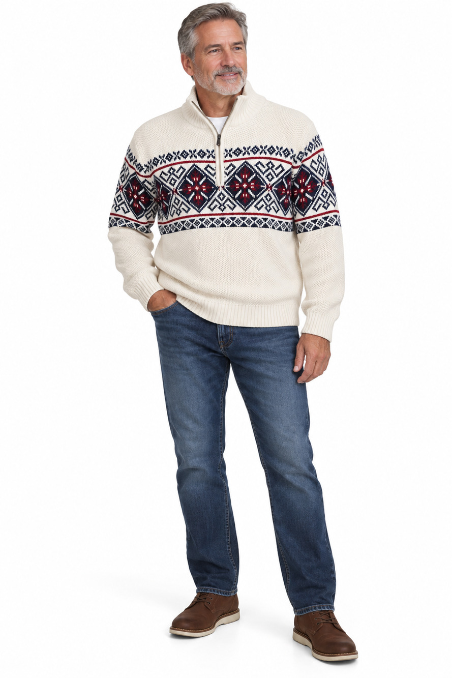 VTG IZOD Mens Sweater Size XL Nordic Fair Isle Half Zip Cottagecore Grandpacore